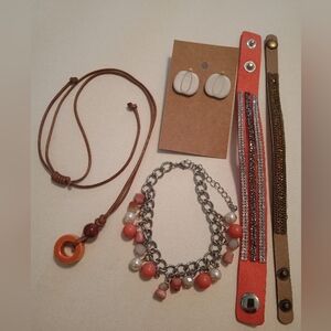 #720.  5 Piece Assorted Orange And Brown, Necklace, Bracelet & Earring Bundle